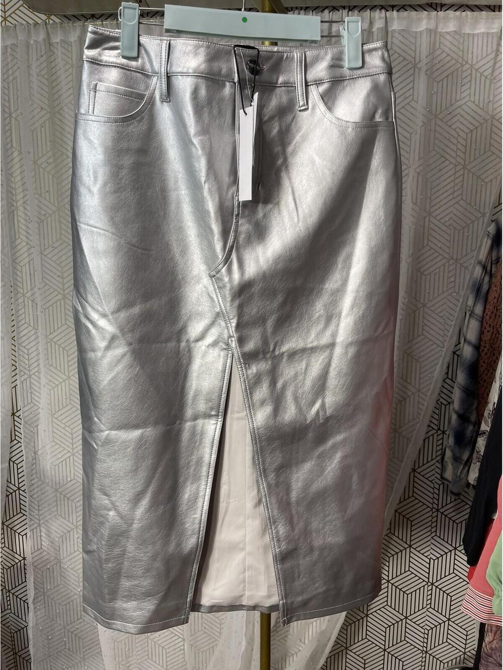 NWT Sanctuary leather like midi skirt metallic silver pencil size 30 MSRP $99